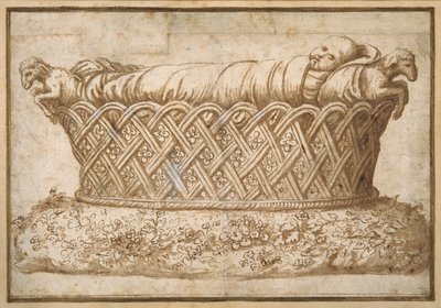 Suunnittelu vauvan haudalle (kynä ja ruskea muste ruskealla pesulla paperilla) tekijältä Giulio Romano