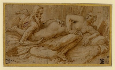 Erotic Scene par Romano, Giulio (1499-1546), vuoden 1524 jälkeen - Kynä, sivellin, ruskea intialainen muste, valkoinen väri, musta liitu paperille tekijältä Giulio Romano