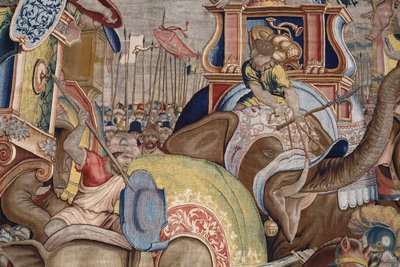 Flanderin kuvakudos. Sarja Scipion teot. Taistelu Zamassa. Sarjakuvapiirtäjä Giulio Romano. Balthasar van Vlierdenin (?) ateljee, Bryssel. 1523-1532. Yksityiskohta. tekijältä Giulio Romano