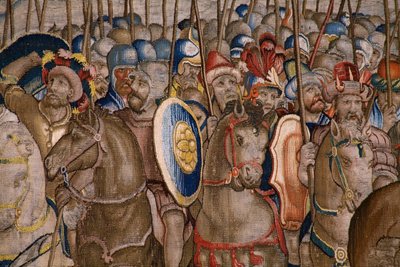 Flanderin kuvakudos. Sarja Scipion teot: Zaman taistelu. Sarjakuvapiirtäjä Giulio Romano. Balthasar van Vlierdenin (?) ateljee, Bryssel. 1523-1532. Yksityiskohta. tekijältä Giulio Romano