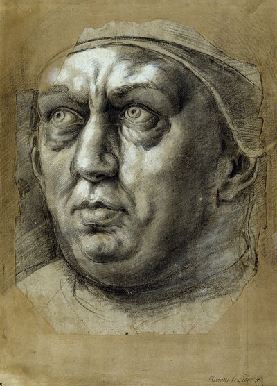 Paavi Leo X:n pää (mustavalkoisia liituja paperilla) tekijältä Giulio Romano