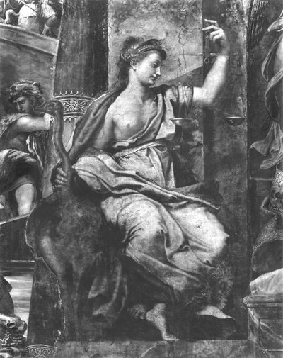 Oikeudenmukaisuus, yksi paavi St. Urban I:tä (k. 230) ympäröivistä kahdesta hyveestä (k. 230) Raphael Rooms (yksityiskohta) (katso myös 252782, 252783, 252785) tekijältä Giulio Romano