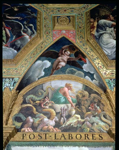Lunetti, jossa Psyche joutuu Venuksen asettamaan koettelemukseen, jossa hän hakee manalasta Proserpinen kauneuden sisältävän purkin, Sala di Amore e Psiche, 1528, fresko 78427, yksityiskohta. tekijältä Giulio Romano