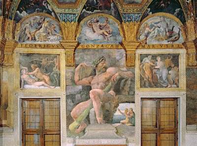 Jupiterin viettelemä Olympia, Acisia ja Galateaa vartioiva Polyphemus, Pasiphae astumassa Daedaluksen rakentamaan lehmään Sala di Amore e Psichestä tekijältä Giulio Romano