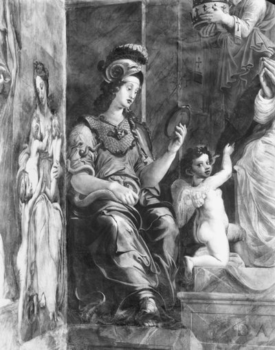 Prudence istuu paavi Damasus I:n (n. 304-384) vieressä Raphael Rooms (yksityiskohta) (katso myös 252795 ja 252797) tekijältä Giulio Romano