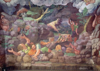 Sala dei Giganti, yksityiskohta Jupiterin ukkoseniskujen tuhoamista jättiläisistä, 1536 fresko, yksityiskohta 78482:sta tekijältä Giulio Romano