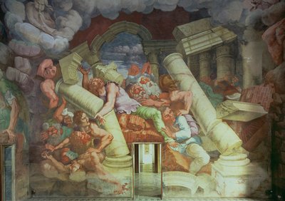 Sala dei Giganti, yksityiskohta Jupiterin ukkoseniskujen tuhoamista jättiläisistä, fresko vuodelta 1536, yksityiskohdat ks. 78488. tekijältä Giulio Romano