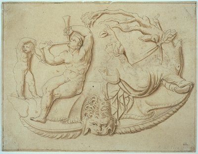 Satyyri, jolla on kaksi piippua, ja putto ja nainen juomassa puusta. tekijältä Giulio Romano