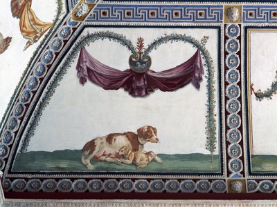 Camera con Fregio di Amorini Amorinin kammio Amorin friisi yksityiskohta koirasta ja pennusta, 1520-luvun fresko tekijältä Giulio Romano