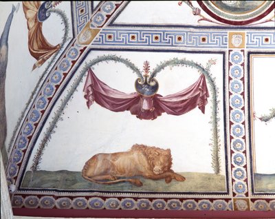 Camera con fregio di Amorini Amorinin kammio Amorinin friisin yksityiskohta nukkuvasta leijonasta, 1520-luvun fresko. tekijältä Giulio Romano