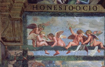 Maalaismainen juhla-ateria, yksityiskohta musiikkia soittavista putteista, Sala di Amore e Psiche, 1528 fresko yksityiskohta 78428:sta tekijältä Giulio Romano
