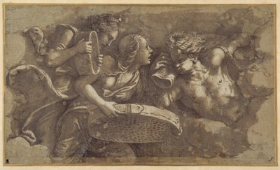 Vestal Tuccia seulalla (kynä ja ruskea muste ruskealla pesulla paperilla) tekijältä Giulio Romano
