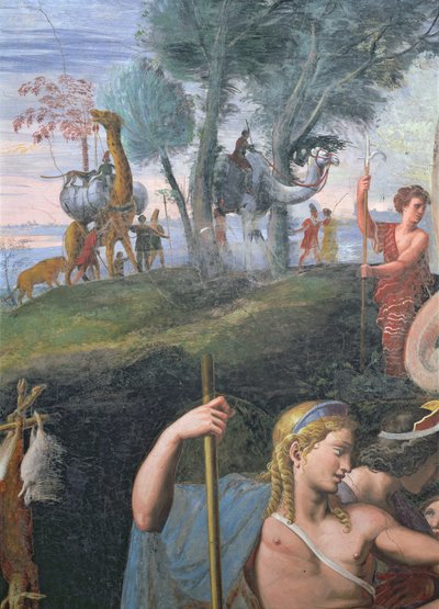Amorin ja Psyken avioliittoa juhlistava jalo juhlaillallinen, yksityiskohta, jossa on Apollon pää ja taustalla eksoottisten eläinten kulkue, Sala di Amore e Psiche, 1528. tekijältä Giulio Romano