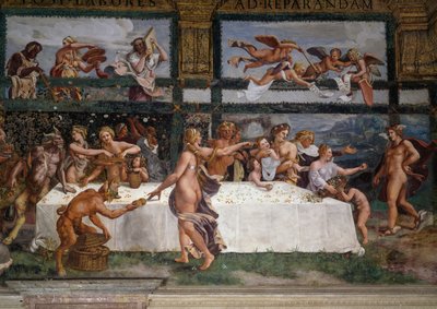 Hääjuhla tai jumalien juhla, Giulio Romanon (1499-1546) fresko, Cupidon ja Psychen kamarin länsimuuri, Palazzo Te, Mantova (UNESCOn maailmanperintöluettelo, 2008), Lombardia, Italia tekijältä Giulio Romano