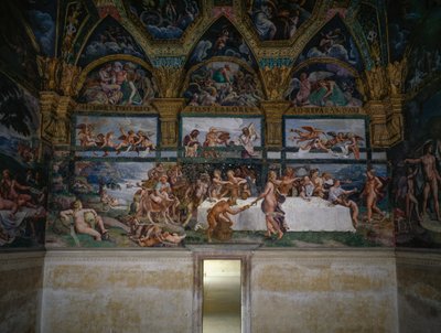 Hääjuhla tai jumalien juhla, Giulio Romanon (1499-1546) fresko, Cupidon ja Psychen kamarin länsimuuri, Palazzo Te, Mantova (UNESCOn maailmanperintöluettelo, 2008), Lombardia, Italia tekijältä Giulio Romano