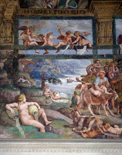 Hääjuhla tai jumalien juhla, Giulio Romanon (1499-1546) fresko, Cupidon ja Psychen kamarin länsimuuri, Palazzo Te, Mantova (UNESCOn maailmanperintöluettelo, 2008), Lombardia, Italia tekijältä Giulio Romano
