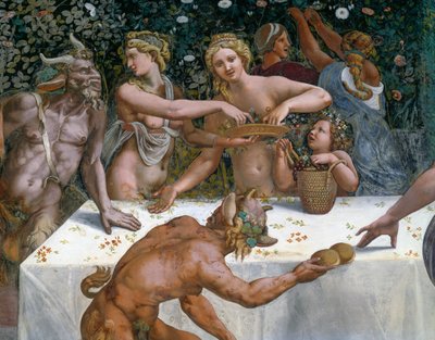 Hääjuhla tai jumalien juhla, Giulio Romanon (1499-1546) fresko, Amorin ja Psychen kamarin länsimuuri, Palazzo Te, Mantova (UNESCOn maailmanperintöluettelo, 2008), Lombardia, Italia tekijältä Giulio Romano