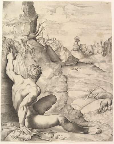Johannes Kastaja erämaassa, n. 1545-55. tekijältä Giulio Sanuto