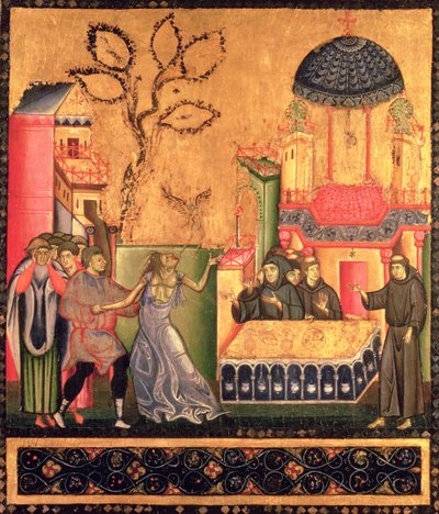 Pyhän Franciscuksen alttaritaulu, riivatun naisen ihmettä kuvaava yksityiskohta (tempera paneelissa) tekijältä Giunta Pisano