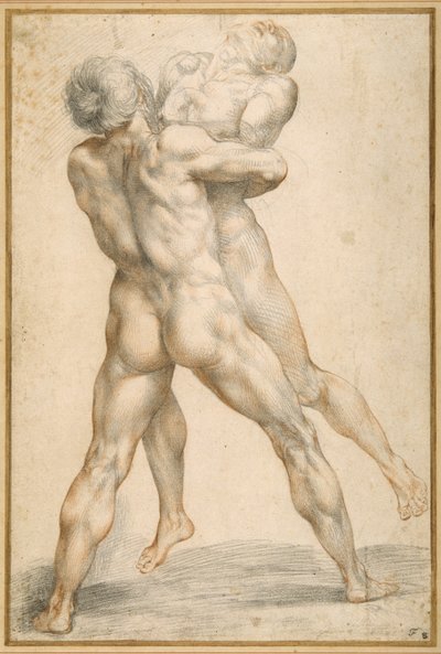 Hercules paini Antaeuksen kanssa (musta-punainen liitu valkoisella paperilla) tekijältä Giuseppe Cesari