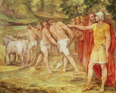 Romulus, joka merkitsee Rooman rajoja, Sala dei Horatiista ja Curatiista (fresko) tekijältä Giuseppe Cesari