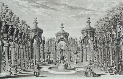 Suunnittelu viihdekäyttöön puutarhassa, "Architectus Theatralis Primarius", kaiverrus Johann Andreas Pfeffel (1674-1748), julkaistu 1740 (kaiverrus) tekijältä Giuseppe Bibiena