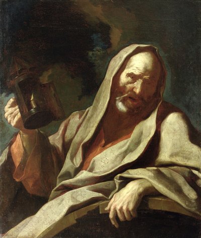 Diogenes (n. 412-323 eKr.) lyhtynsä kanssa, n. 1720-40 tekijältä Giuseppe Antonio Petrini