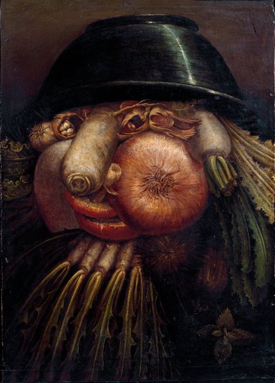 Muotokuva vihanneksilla (The Maraicher). Edustetuista vihanneksista ja hedelmistä: pähkinät, retiisi, sieni, valkosipuli, kastanja, sipuli, salaatti, hasselpähkinä ja nauris. Giuseppe Arcimboldin (Arcimboldo) (1527-1593) maalaus Cremona, Pinacoteca Comunal tekijältä Giuseppe Arcimboldo