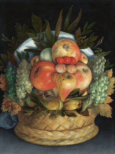 Käännettävä antropomorfinen muotokuva miehestä, joka koostuu hedelmistä tekijältä Giuseppe Arcimboldo