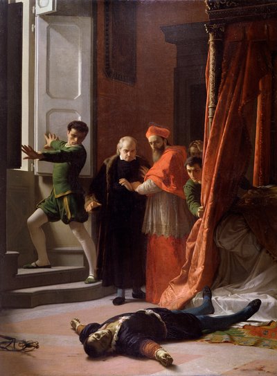 Lorenzino de Medicin tappama Firenzen herttua Alessandro de Medicin kuolema (öljy kankaalle tekijältä Giuseppe Bellucci
