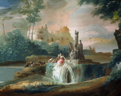 Giuseppe Bernardino Bisonin (1762-1844) uljakas kohtaus paimenista kuvitteellisessa maisemassa tekijältä Giuseppe Bernardino Bison