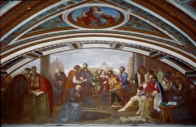 Galileo Galilei dit Galilea (1564-1642) osoittaa putoamisen ja painovoiman lain. Galilea esittelee kokemusta kaltevalla suunnitelmalla julkisessa luennossa Pisassa. Giuseppe Bezzuolin (1784-1855) maalaus tekijältä Giuseppe Bezzuoli