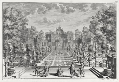 Oopperaympäristö puutarhassa, Architectus Theatralis Primariuksesta, kaiverrus Johann Andreas Pfeffel (1674-1748), julkaistu 1740 tekijältä Giuseppe Bibiena