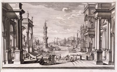 Pieni satama barokkityylisillä pylväillä, Architectus Theatralis Primariuksesta, julkaistu 1740 tekijältä Giuseppe Bibiena