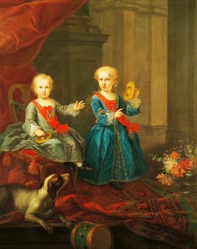 Napolin ja kahden Sisilian kuninkaan Kaarle III Bourbonin tyttäret ja Maria Amelian Saksi, kahden Sisilian kuningatar, maalaus, Giuseppe Boniton (1701-1789), Italia tekijältä Giuseppe Bonito