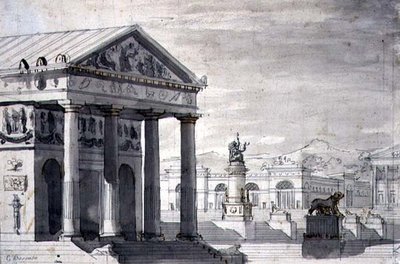 Neo-Classical Stage Set, n. 1825 (kynä & muste ja seepiapesu paperille) tekijältä Giuseppe Borsato
