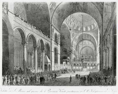 Províncias de Veneto juram lealdade ao imperador austríaco Francisco II (1768-1835) na Basílica de San Marco em Veneza, 7 de maio finlandês tekijältä Giuseppe Borsato