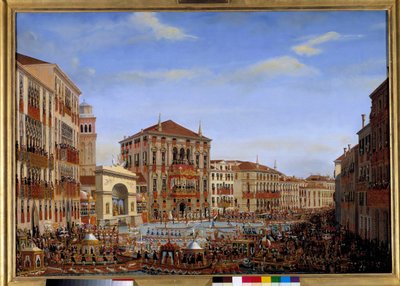 Napoleon I:n vierailu Venetsiaan 28.11.-8.12.1807: Keisari, joka johtaa Grand Canalin regatteja Baldin palatsin parvekkeelta, saapuu kisalta, 2.12.1807 Giuseppe Borsaton (1771-1849) maalaus. 1807 Su. 0,65 x tekijältä Giuseppe Borsato