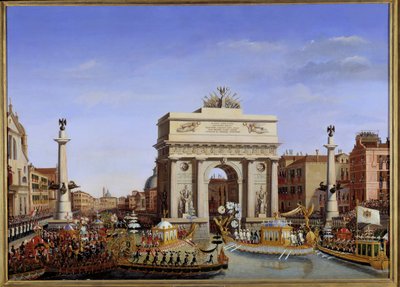 Napoleon I:n vierailu Venetsiaan 28.11.-8.12.1807: keisarin sisäänkäynti gondolissa Grand Canal -kulkueella. Giuseppe Borsaton (1771-1849) maalaus 1800-luvun aurinko. 0,65x0,90 m. - Napoleonin vierailu Venetsiaan alkaen 28 tekijältä Giuseppe Borsato