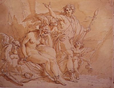 Bacchus ja Ariadne, 1780 (muste ja pesu paperille) tekijältä Giuseppe Cades