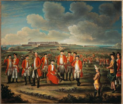 Lady Louisa Lennox miehensä rykmentin kanssa, 25th rykment of Foot, lordi George Lennox vieressään ja Fort St Philip, Port Mahon, taustalla, n. 1771 tekijältä Giuseppe Chiesa