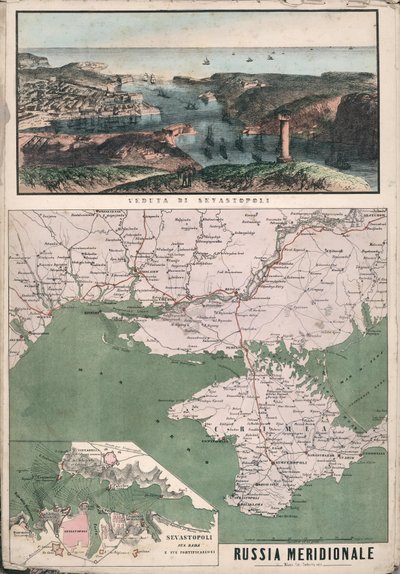 Etelä-Venäjän kartta näköalalla Sevastopolin lahdelle ja sen linnoituksille, 1853. tekijältä Giuseppe Civelli