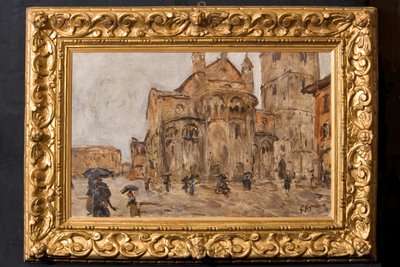 Piazza Grande in the Rain (öljy vanerille) tekijältä Giuseppe Graziosi