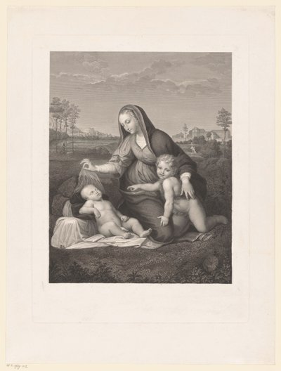 Maria lapsen kanssa ja nuori Johannes Kastaja maisemassa Madonna del Velo tekijältä Giuseppe Longhi