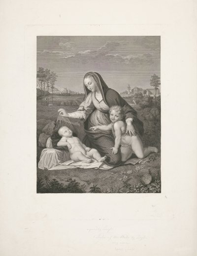 Maria lapsen kanssa ja nuori Johannes Kastaja maisemassa Madonna del Velo tekijältä Giuseppe Longhi