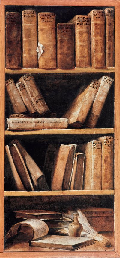 Asetelmakirjasto musiikkikirjoilla. Giuseppe Maria Crespi dit lo Spagnolon (espanjalainen) maalaus (1665-1747) 1715 Bologna, musiikin konservatorio tekijältä Giuseppe Maria Crespi