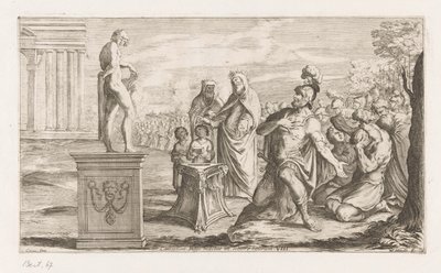 Aeneas tarjoaa Apollolle Kuningas Coelicolus tappaa härän rannalla (otsikko esineessä) Omzwervingen van Aeneas (sarjan nimi) L