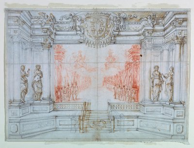 Piirustus, näyttämösuunnittelu: Balet Cele, 1674 tekijältä Giuseppe Maria Mitelli