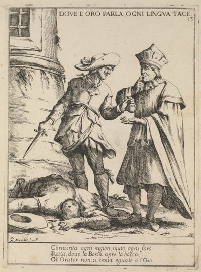 Missä kulta puhuu, siellä jokainen kieli on hiljaa. Missä he puhuvat, kaikki kielet ovat hiljaa, 1678 tekijältä Giuseppe Maria Mitelli