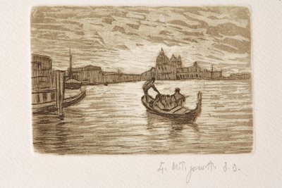 Gondolier (etsaus ja akvatinta valkoiselle paperille) tekijältä Giuseppe Miti Zanetti